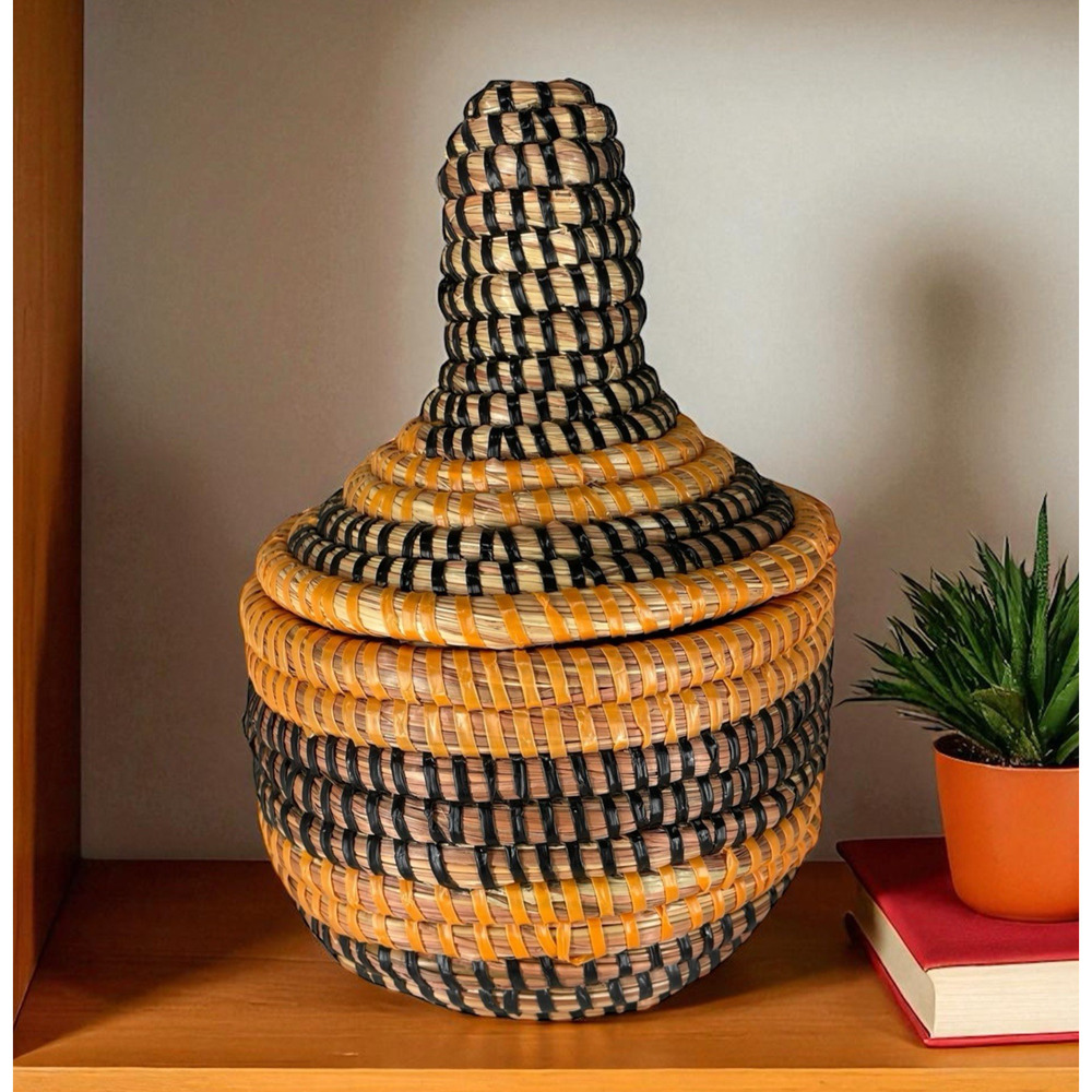 African Senegal Hand Woven Basket Pot with Lid Recycled Orange Black Storage